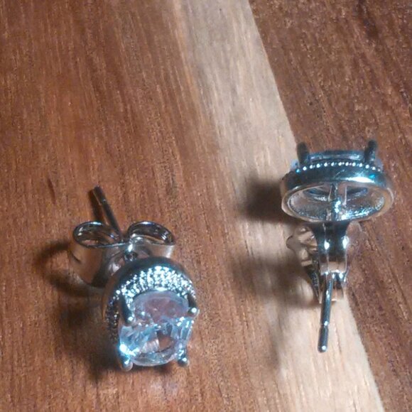 Simulated Blue and White Diamond Silvertone Brass Stud Earrings - Picture 7 of 13